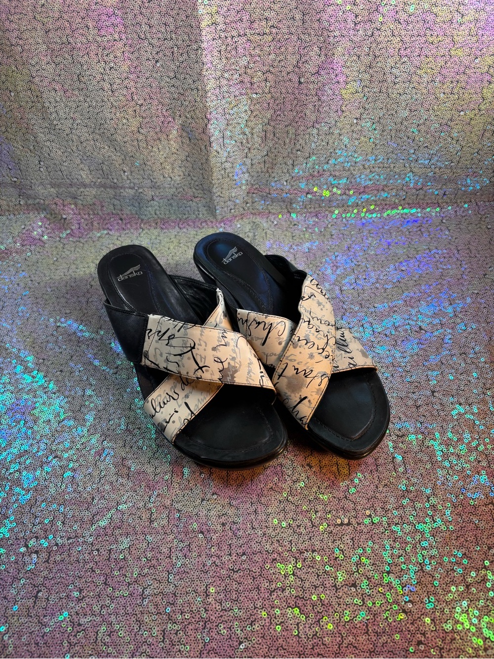 MUST BUNDLE THREE AT $5 Black Slide Mules with Script-Print Cross Straps size 40